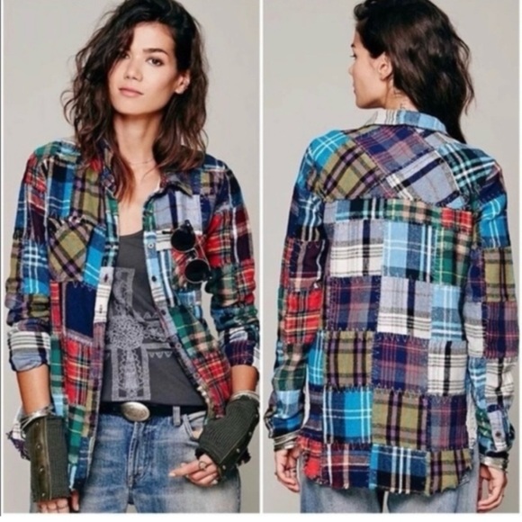 Free People Patchwork Lost In Plaid Flannel Boho Shirt Top Button Down *rare - Picture 1 of 11